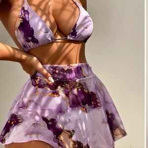 Purple watercolor marble gold bikini set coverup